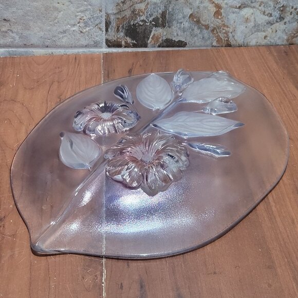 Glass Crystal Frosted Calypso Canape Hibiscus Leaf Shape Platter - Picture 5 of 16
